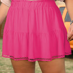 Rose Red Plus Size Frilled Elastic Waist Lace Trim Boho Ruffled Shorts