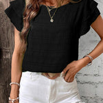 Black Textured Ruffled Sleeve Round Neck Top