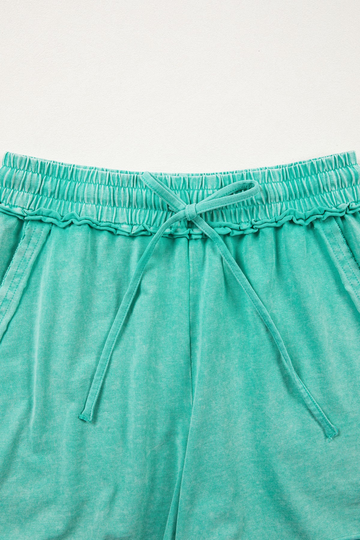 Sea Green 100% Cotton Mineral Washed Drawstring Elastic Waist Raw Cut Shorts