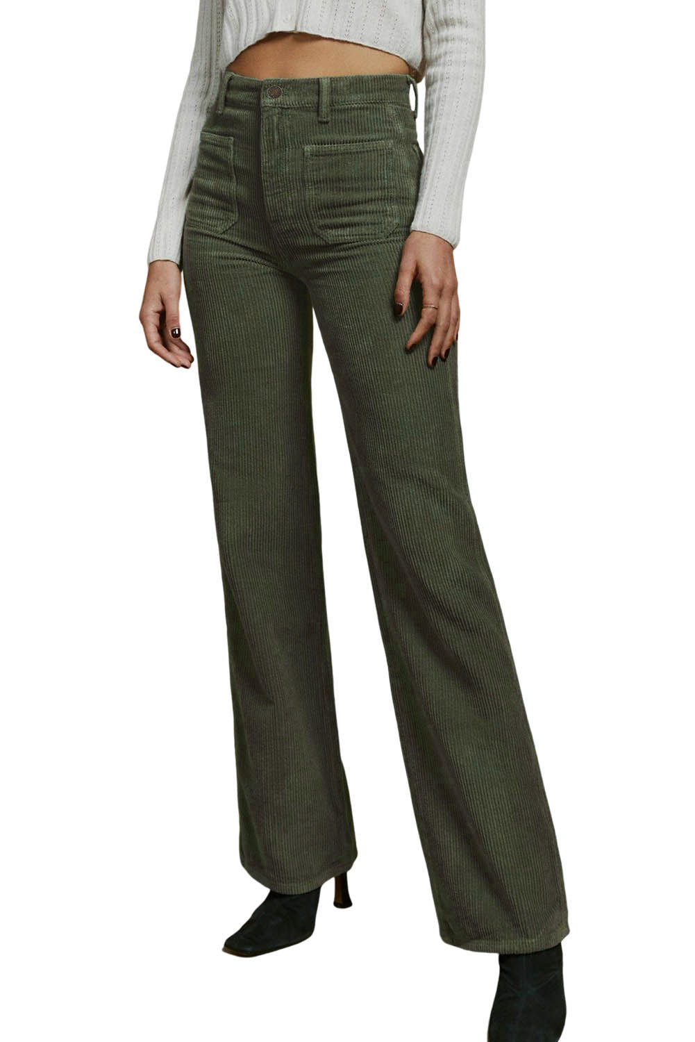 Green High Waist Square Pockets Corduroy Pants
