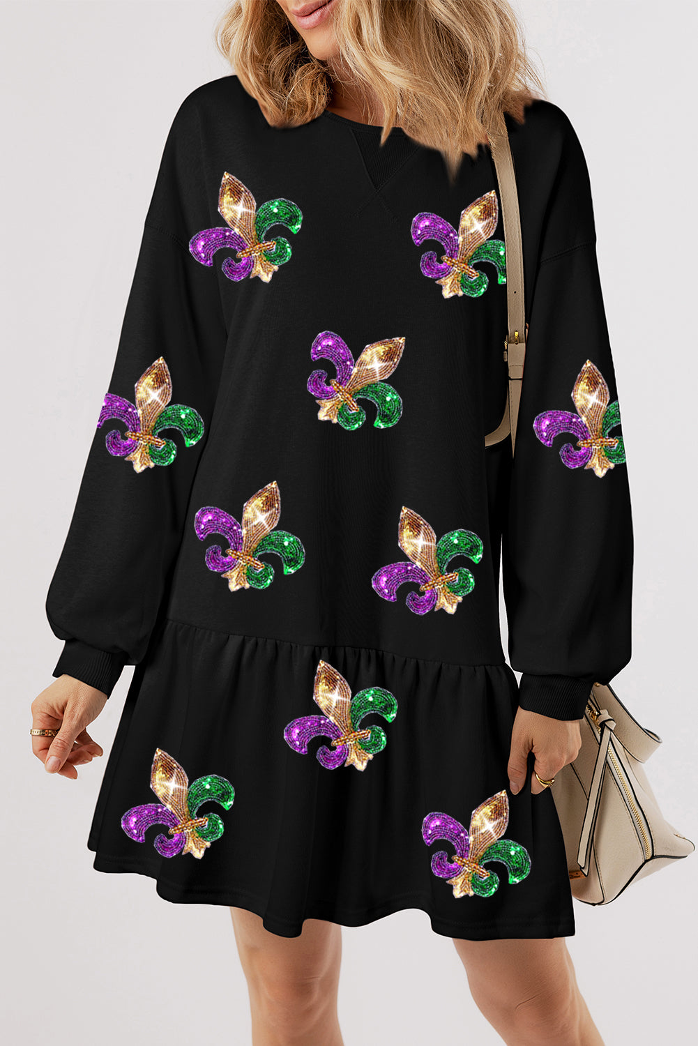 Black Sequin Mardi Gras Symbolic Pattern Pullover Mini Dress Black / S / 80%Polyester+20%Cotton