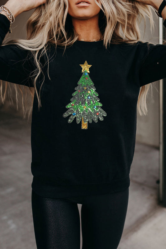Black Sequined Christmas Tree Pattern Pullover Sweatshirt