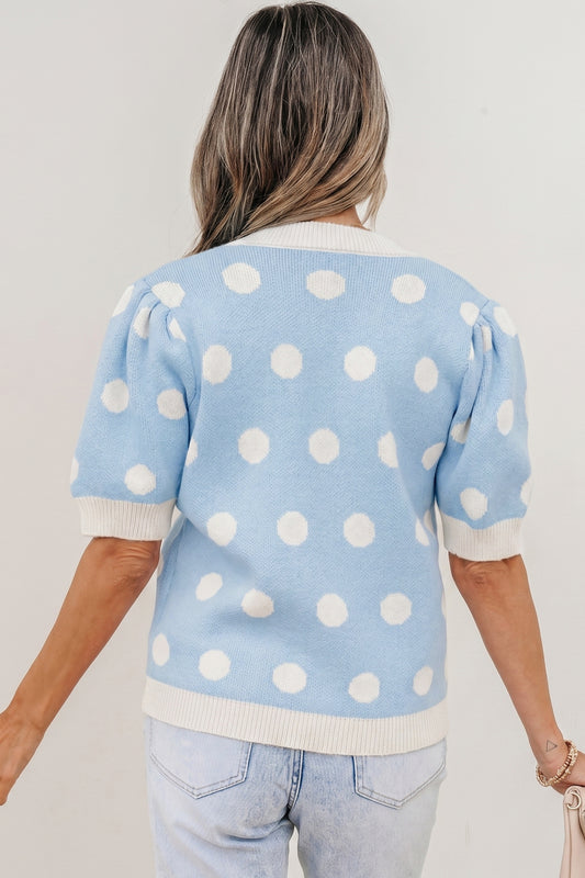 Light Blue Polka Dot Puff Short Sleeve Sweater Top