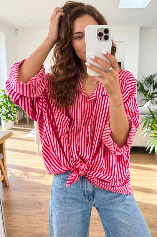 Red Stripe Button-Up Shirt Long Sleeve Patch Pocket Casual Shirt
