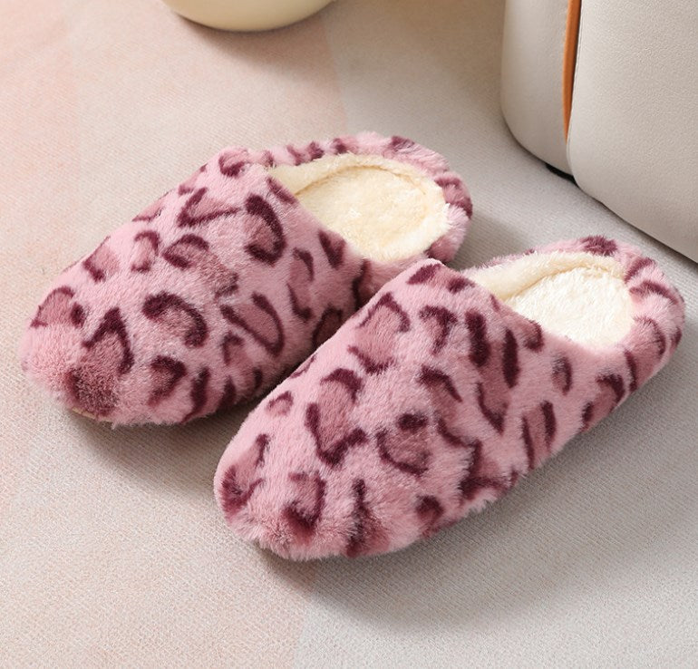 Camel Leopard Print Fuzzy Home Slippers