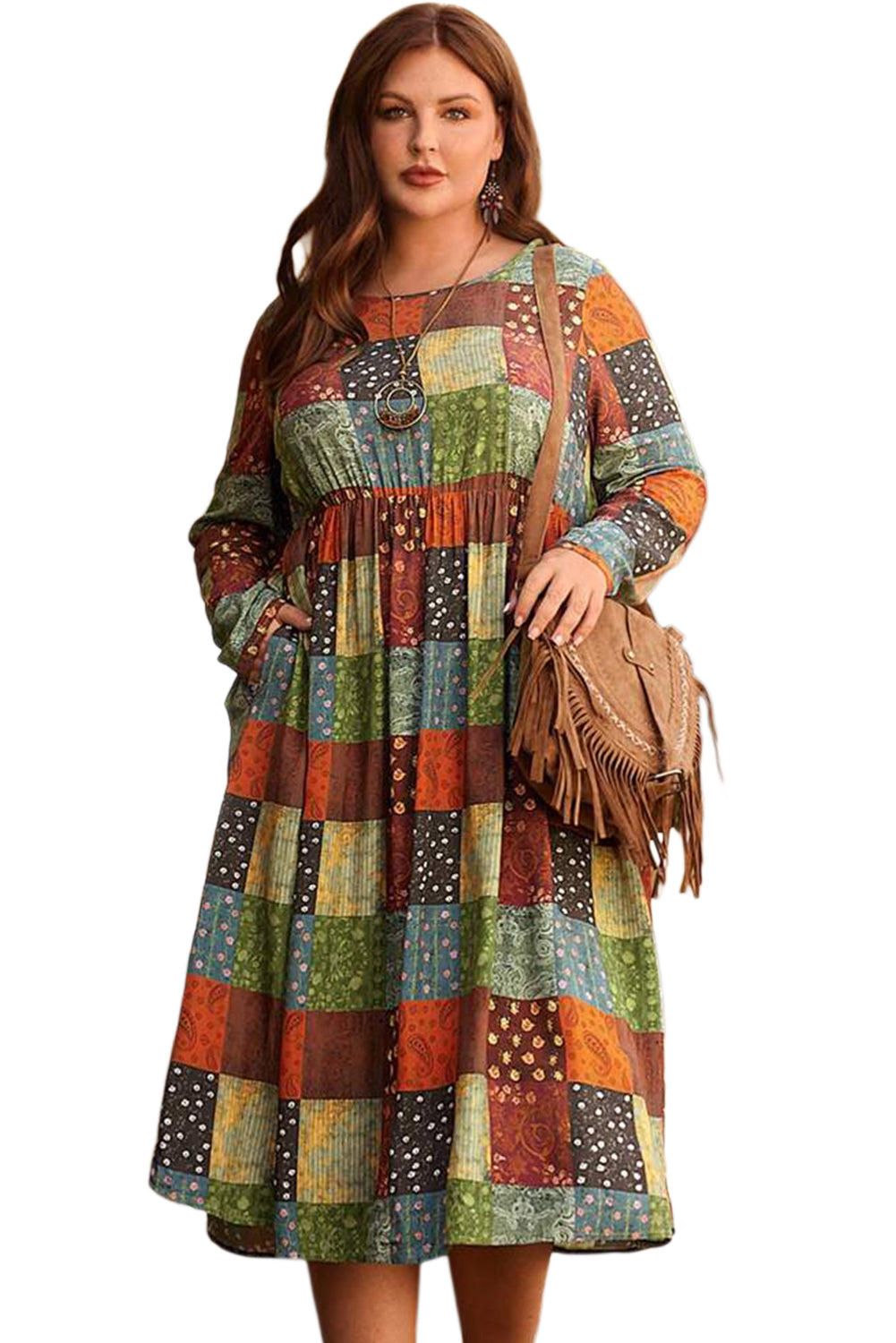 Robe trapèze grande taille à carreaux multicolores imprimés verts