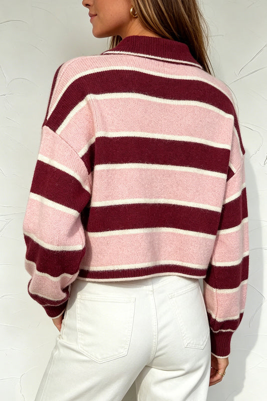 Pink Striped Polo Collar Long Sleeve Ribbed Cuff Casual Knit Sweater