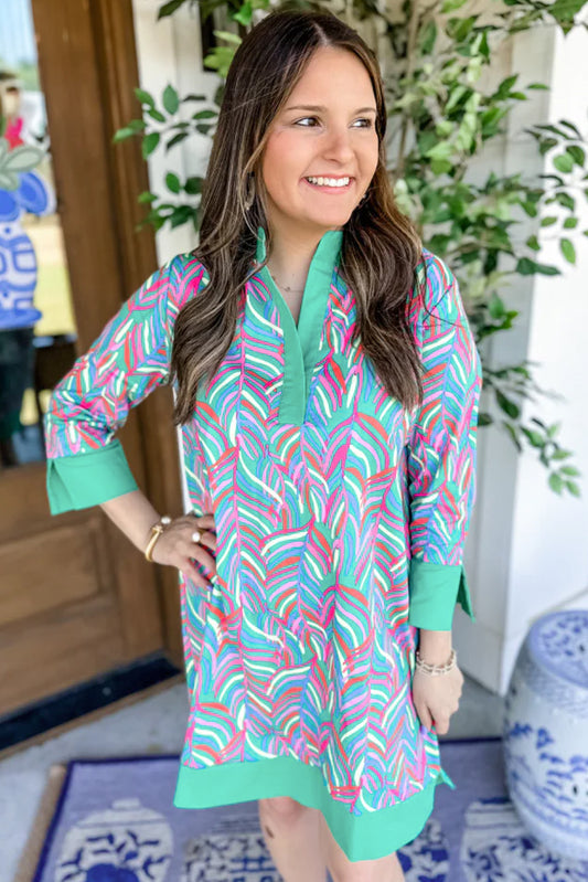 Robe droite à imprimé abstrait vert, col fendu, manches bracelet