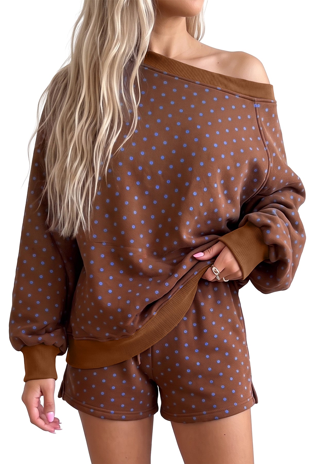 Brown Polka Dot Relaxed Long Sleeve Top Drawstring Shorts 2pcs Sets