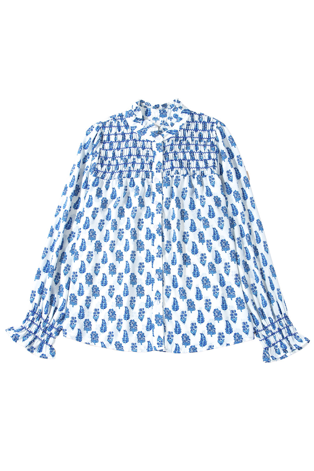 Sky Blue Boho Floral Printed Lantern Sleeve Frilled Neck Shirred Shirt