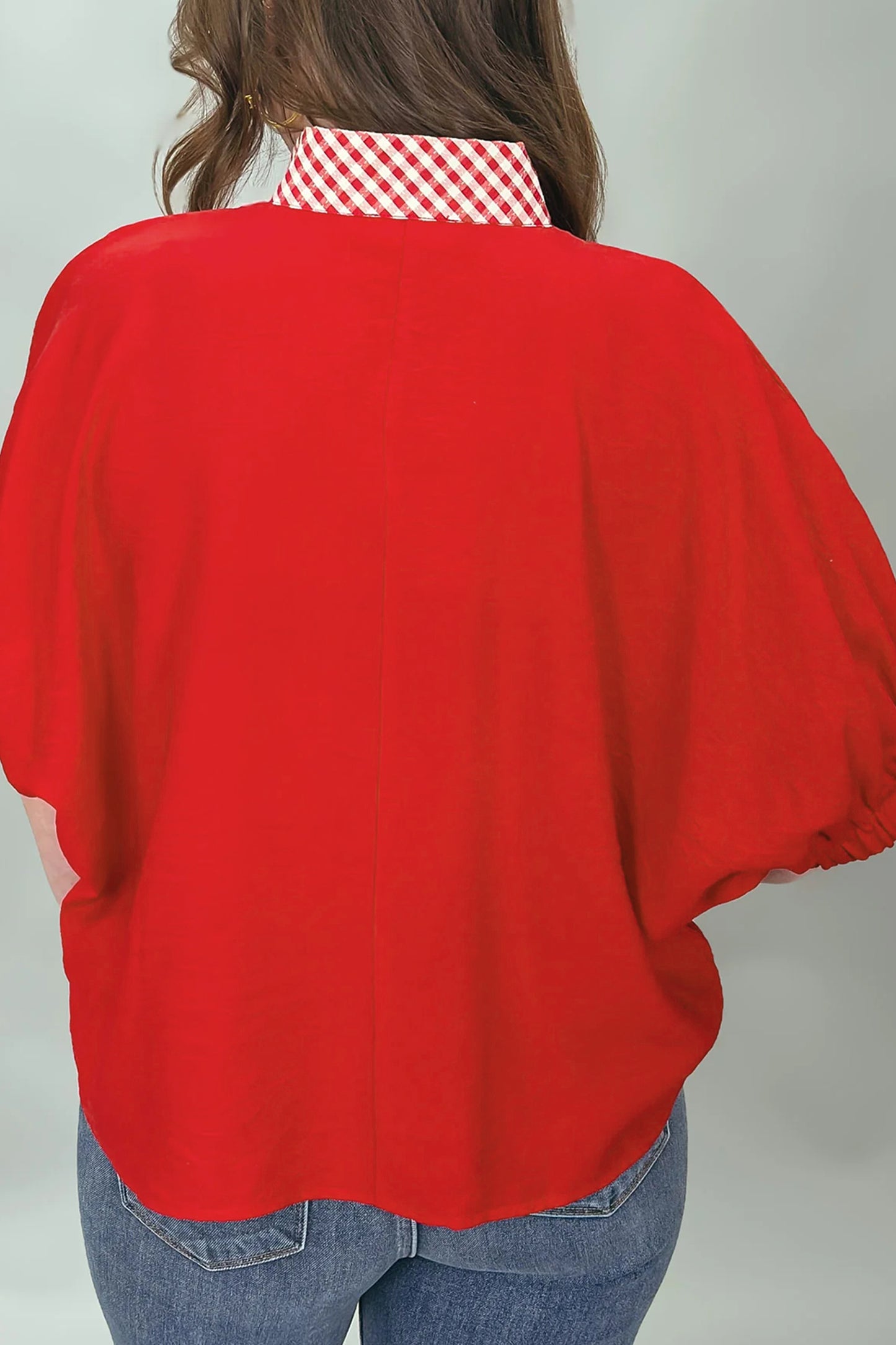 Red V Neck Plaid Collar Short Sleeve Tunic Blouse