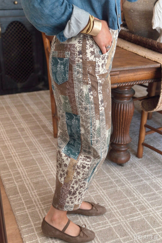 Multicolour Boho Floral Patchwork Western Print Straight Leg Ankle-Length Jeans
