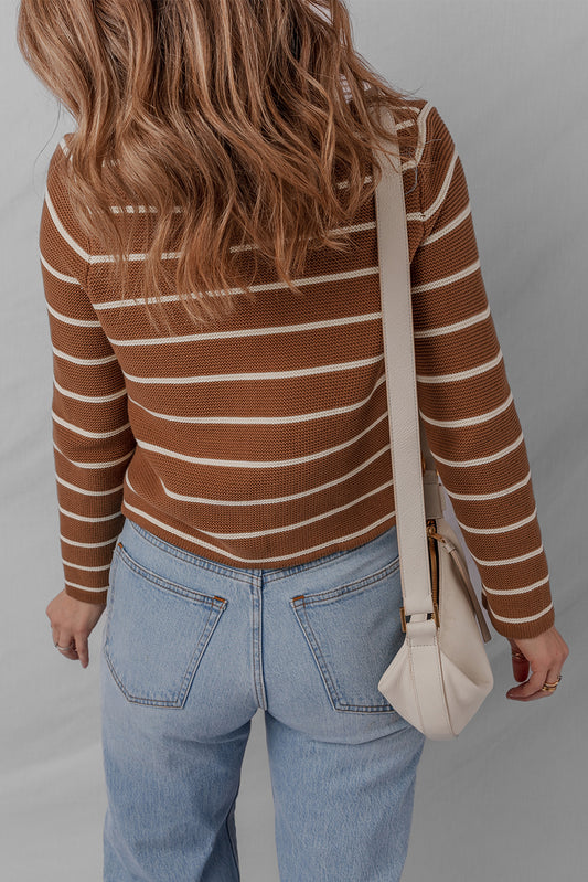 Chestnut Tie Front Striped Knit V Neck Cardigan Sweater