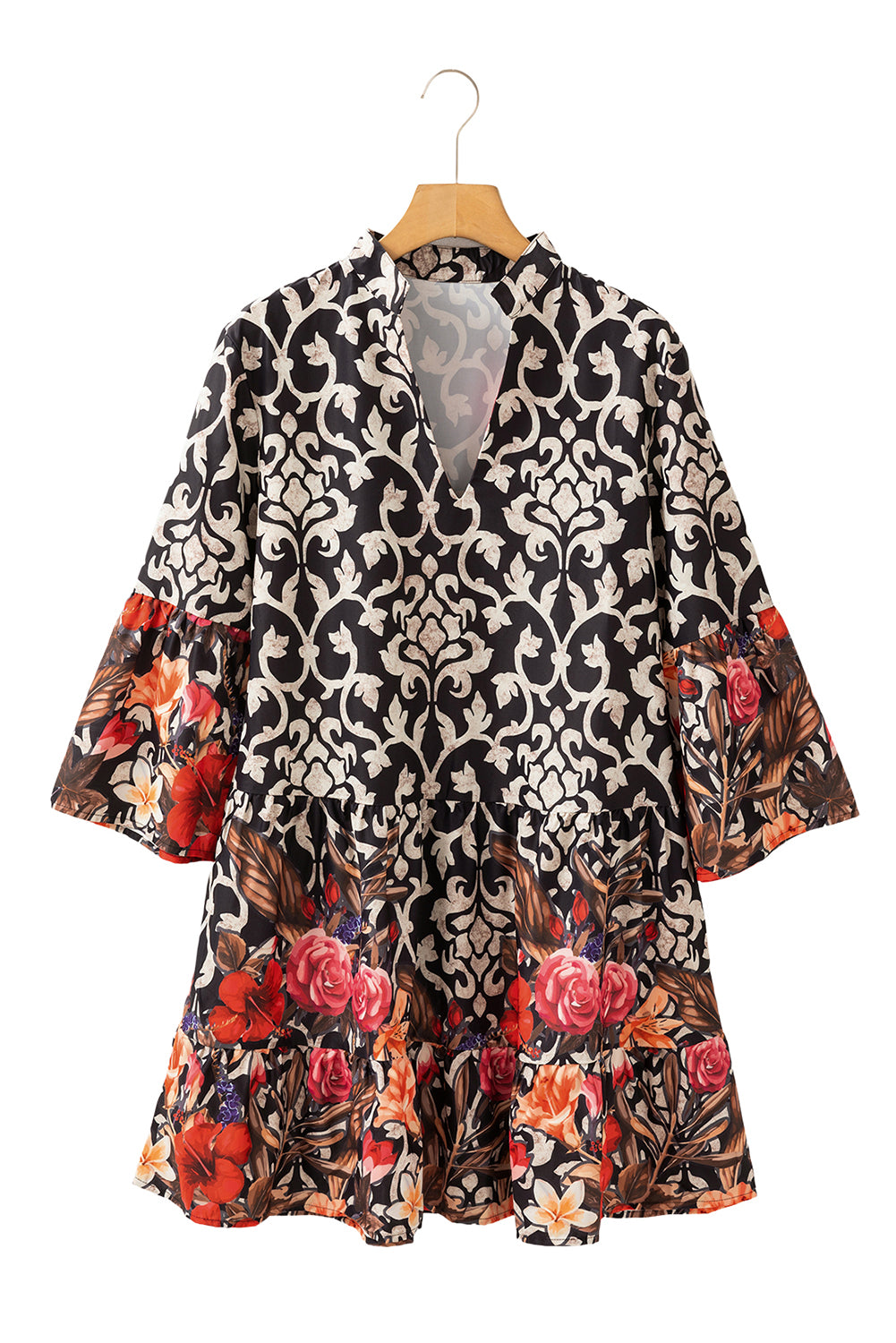 Robe trapèze noire à imprimé floral rétro et col fendu