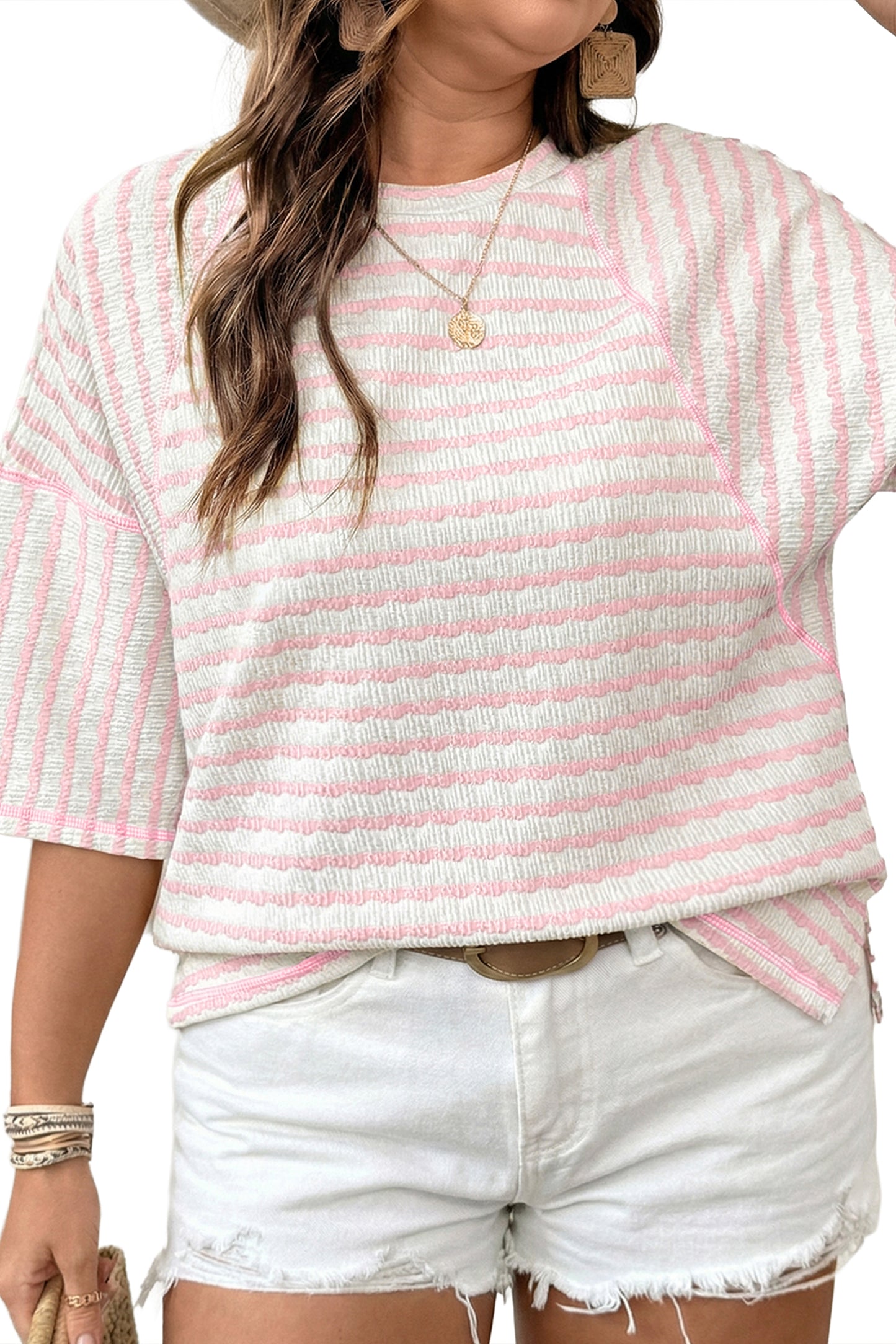 Pink Stripe Plus Size Textured Patchwork Detail Half Sleeve Top