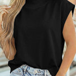 Black Solid Color High Neck Cap Sleeve Loose Top