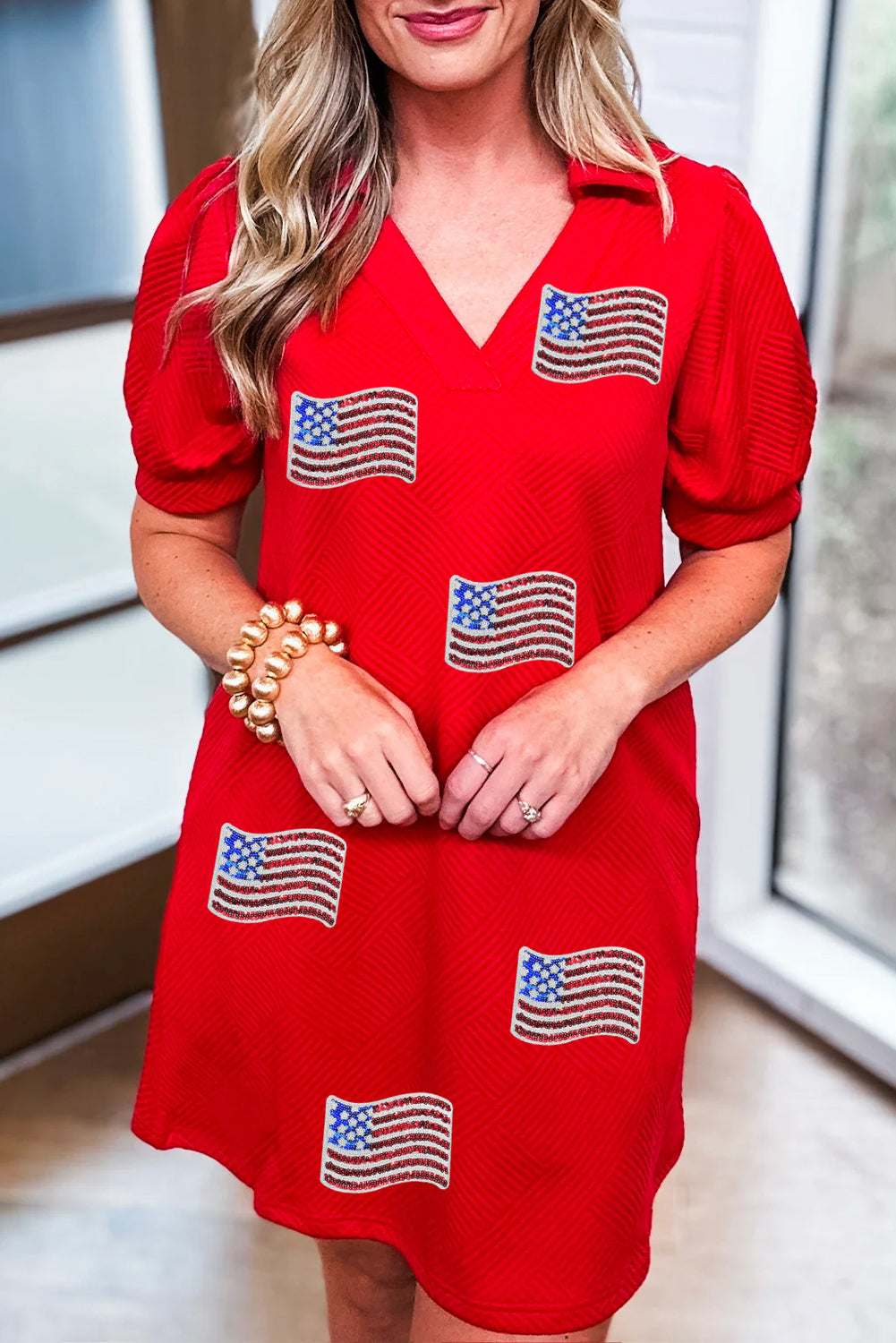 Fiery Red Sequin American Flag Patched Polo Collar Textured T Shirt Dress Fiery Red / S / 97%Polyester+3%Elastane