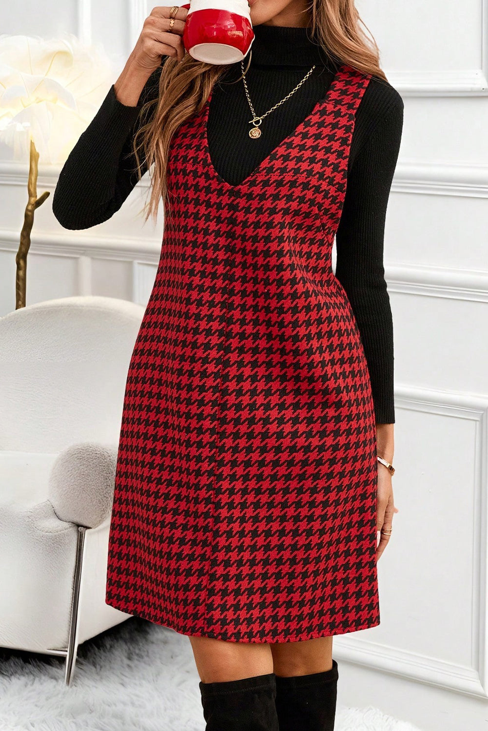 Red Houndstooth Print V Neck Sleeveless Mini Dress Red Houndstooth Print V Neck Sleeveless Mini Dress