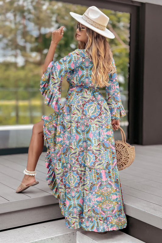 Green Paisley Printed Ruffle Trim Elegant Maxi Dress