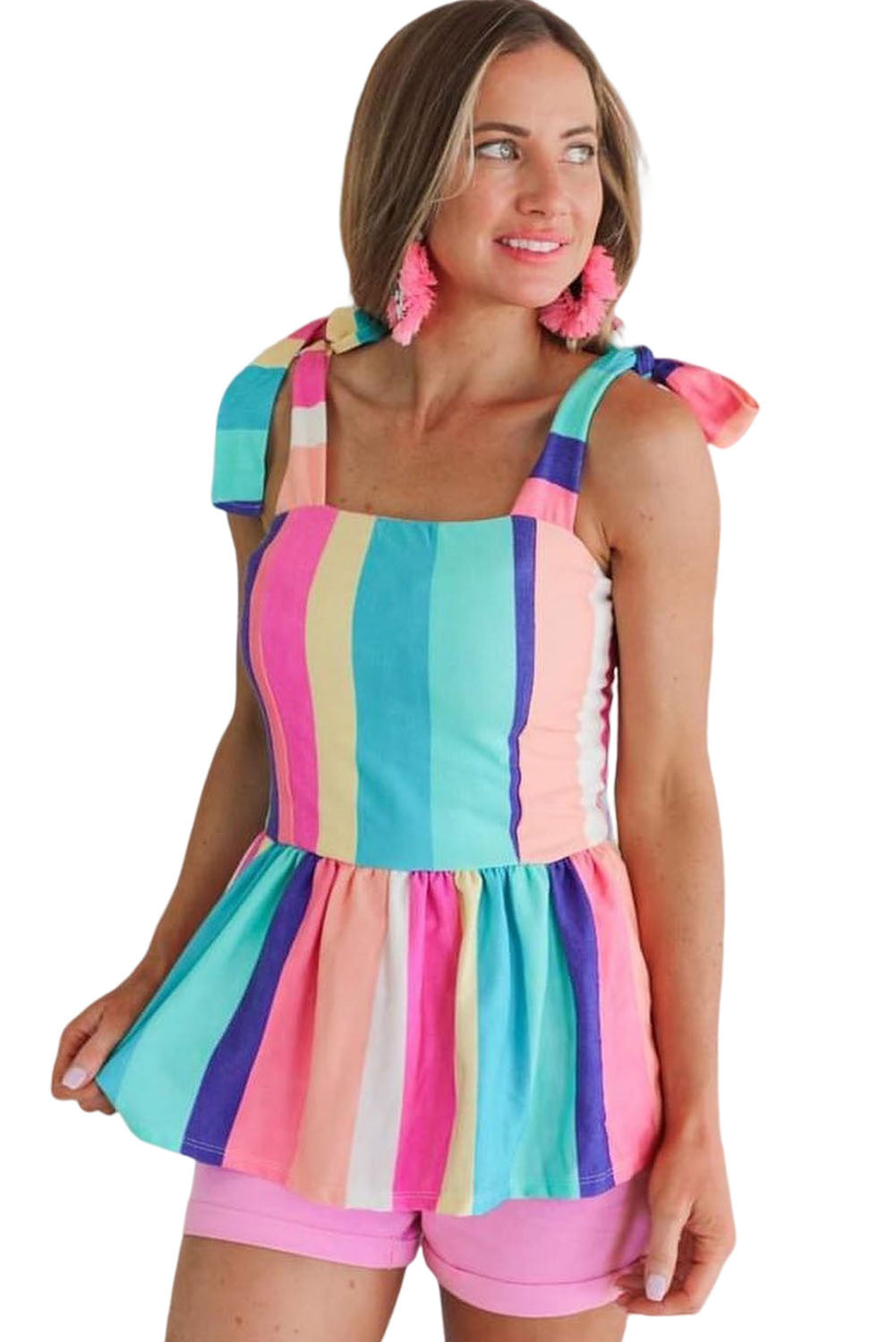 Robe longue à rayures multicolores et bretelles à nœud papillon