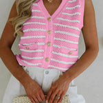 Pink Stripe V Neck Gold Buttons Elegant Sweater Vest