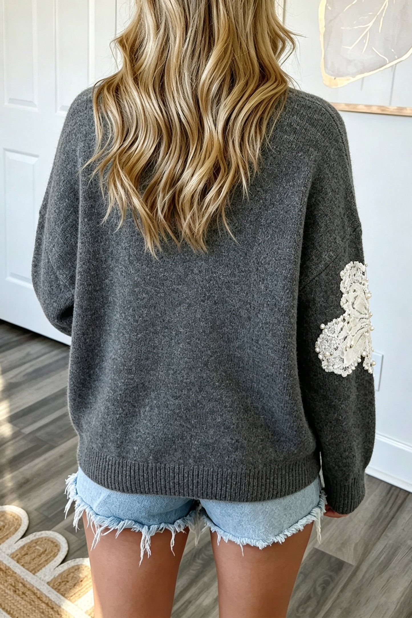 Dark Grey Beaded Floral Accent Casual Round Neck Sweater