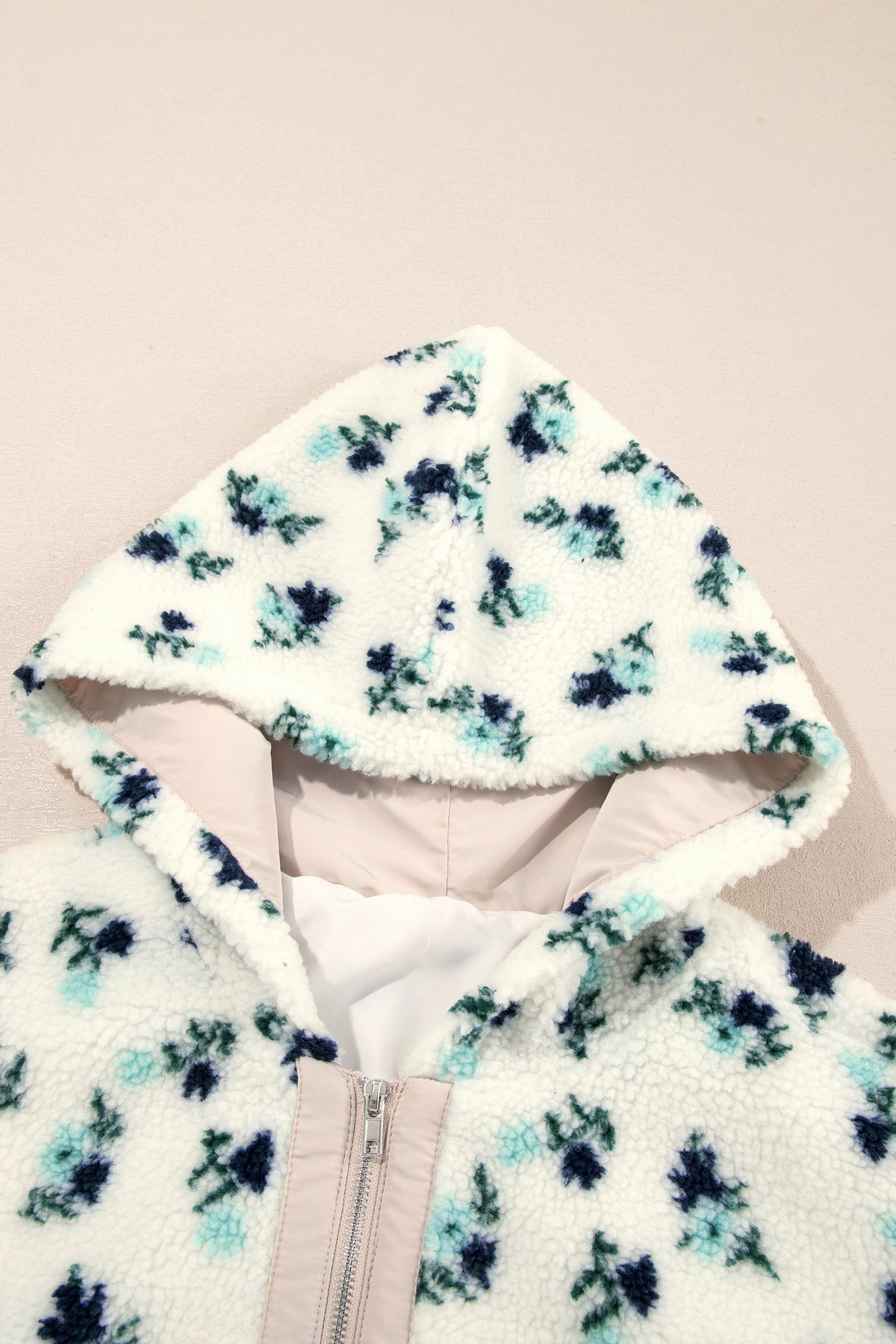White Floral Print Faux Fur Hooded Metal Zip-up Winter Jacket