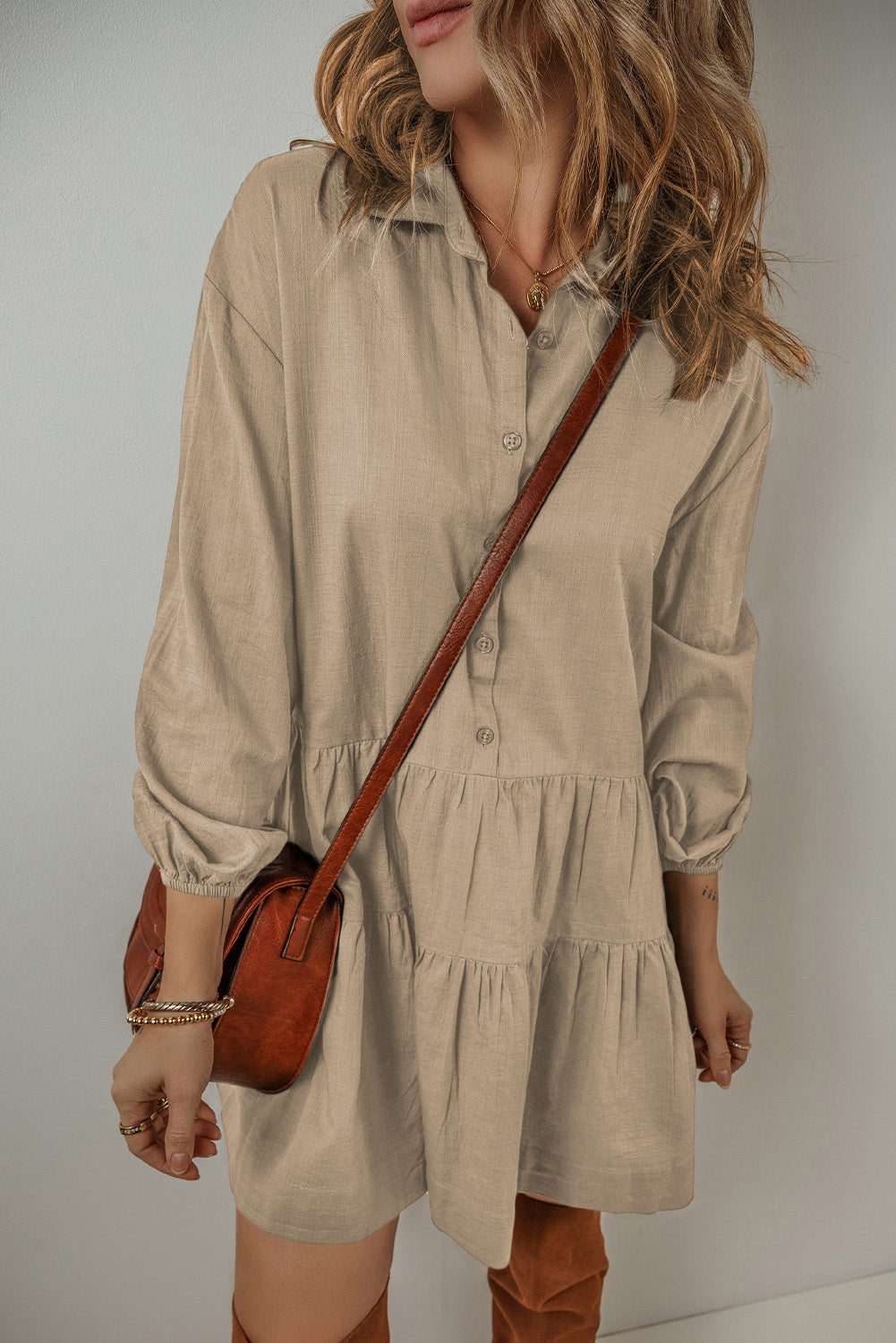 strapless open back dress Tan Puff Sleeve Buttoned Tiered Pleated Shirt Mini Dress Tan / L / 92%Viscose+8%Linen