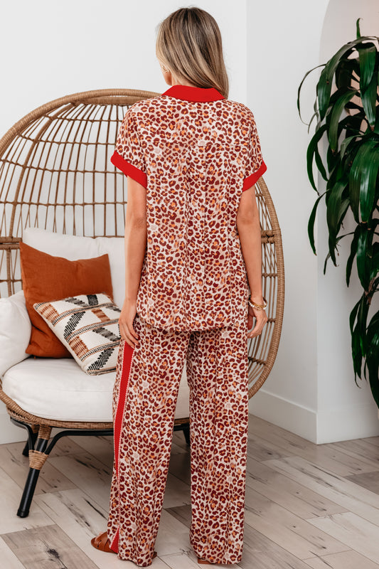 Brown Contrast Trim Leopard Top and Pant Set