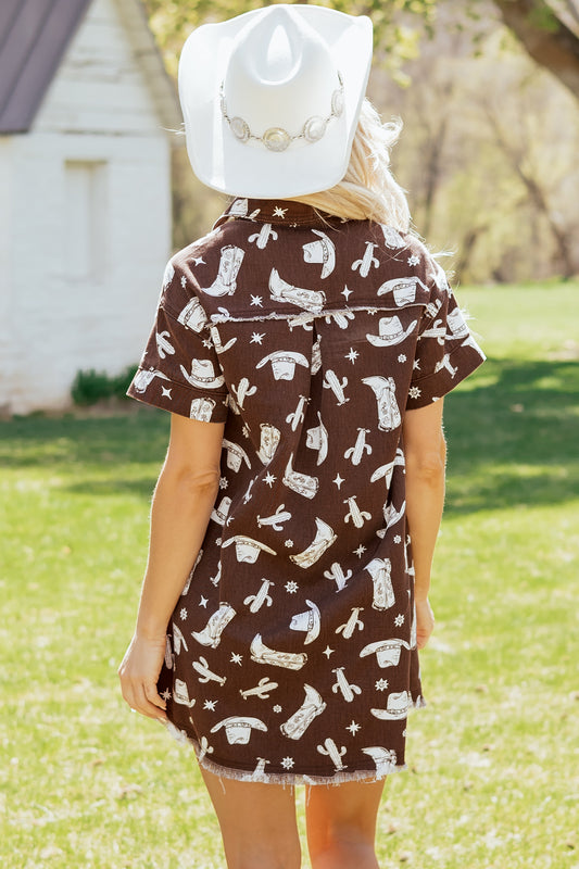Brown Cowgirl Hats Boots Cactus Print Raw Edge Button Down Short Denim Dress