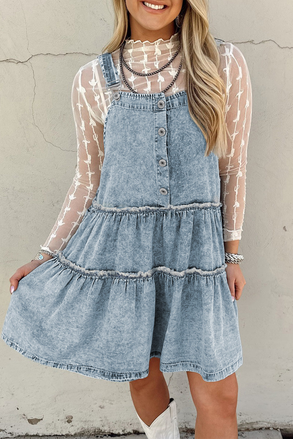 Sunny Angela Women's Washed Denim Tiered Flowy Western Overall Mini Dress - Sunny Angela Dusk Blue / XL Sunny Angela Women's Washed Denim Tiered Flowy Western Overall Mini Dress - Sunny Angela Dusk Blue / XL