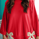 Fiery Red Floral Bow Patched Exposed Seam Patchwork Slit Baggy Sweatshirt