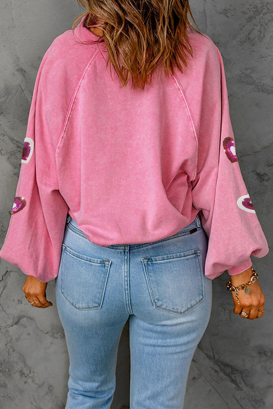 Sweat-shirt à col boutonné et paillettes en forme de cœur, rose délavé minéral