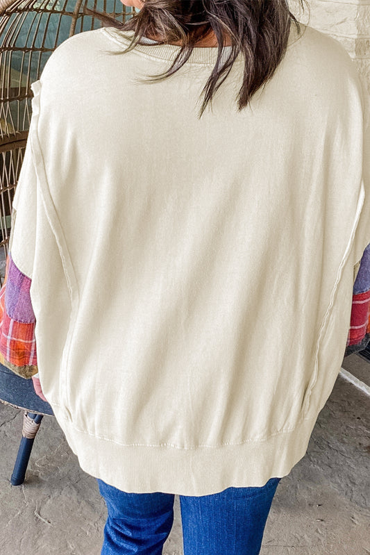 Beige Plus Size Multicolor Plaid Patchwork Sleeve Pullover Top