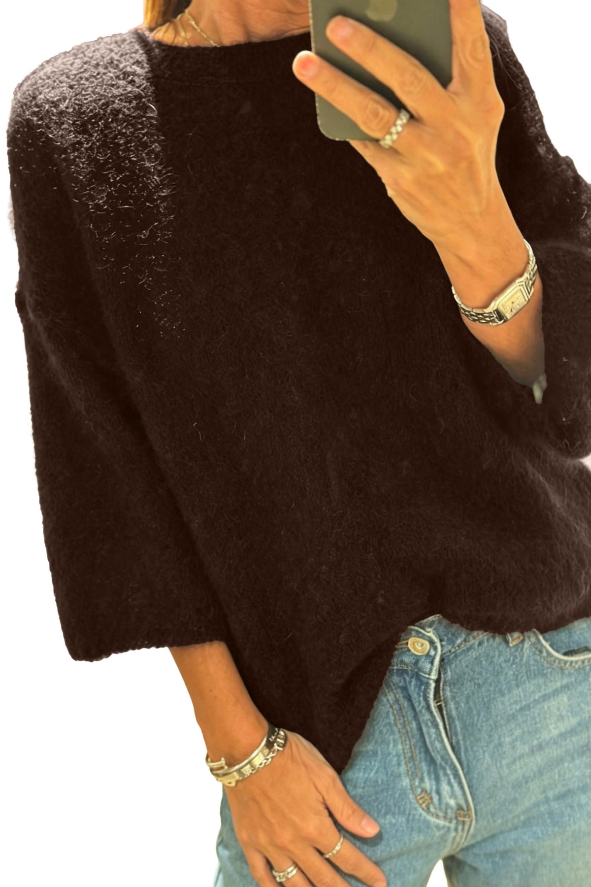 Dark Brown Solid Color Knit Half Sleeve Round Neck Shift Sweater