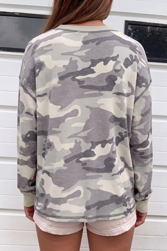 Multicolour Western Camo Textured Knit Long Sleeve Top