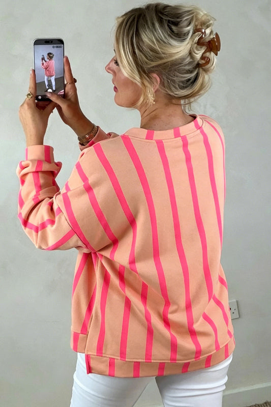 Pink Stripe Dropped Shoulder Round Neck Casual Sweatshirt