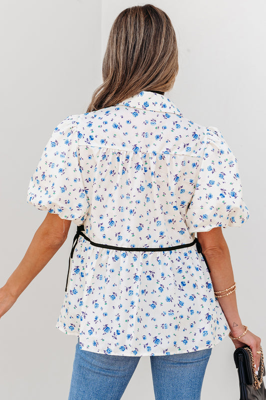 White Contrast Trim Floral Puff Short Sleeve Shirt