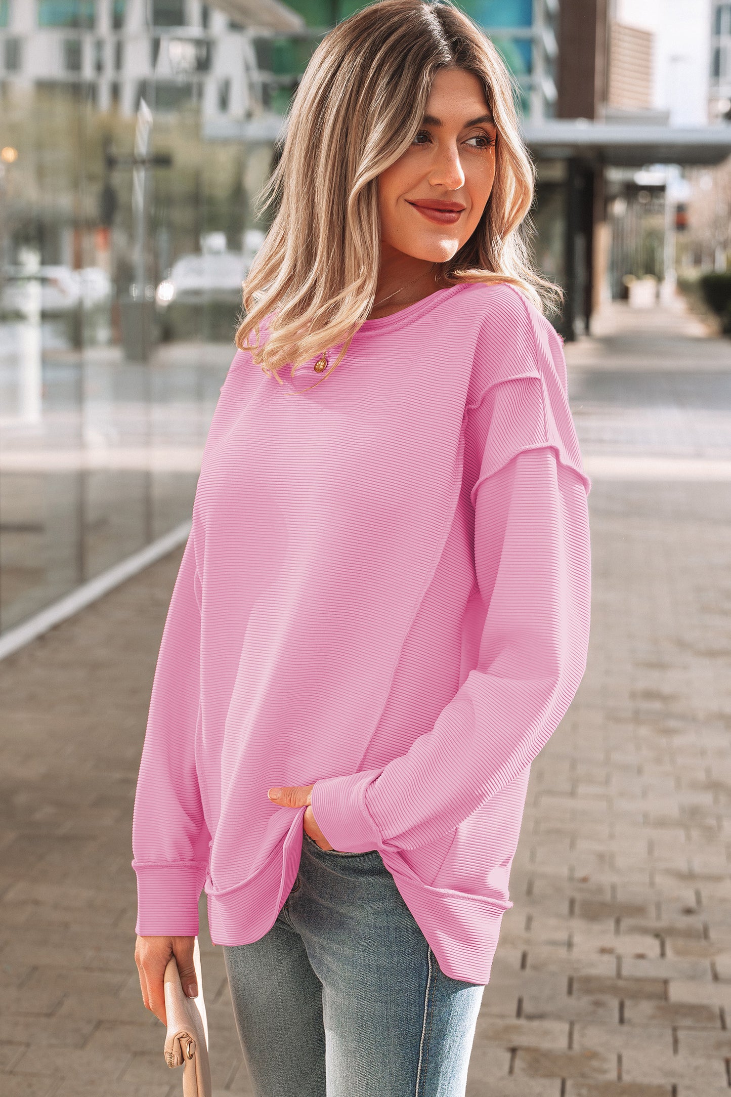 Lavendula Horizontal Ribbed Exposed Seam Detail Drop Shoulder Baggy Pullover