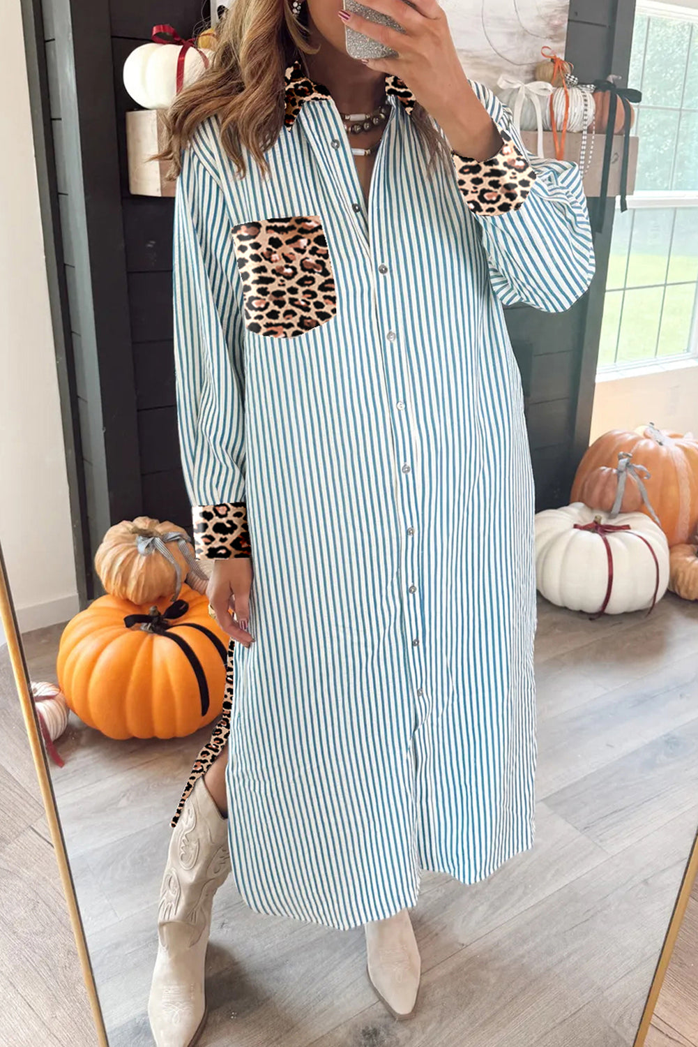 Sky Blue Stripe Contrast Leopard Patchwork Long Shirt Dress with Slits Sky Blue Stripe / S / 100%Polyester Sky Blue Stripe Contrast Leopard Patchwork Long Shirt Dress with Slits Sky Blue Stripe / S / 100%Polyester