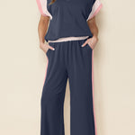 Navy Blue Color Block Detail Casual Two-piece Set