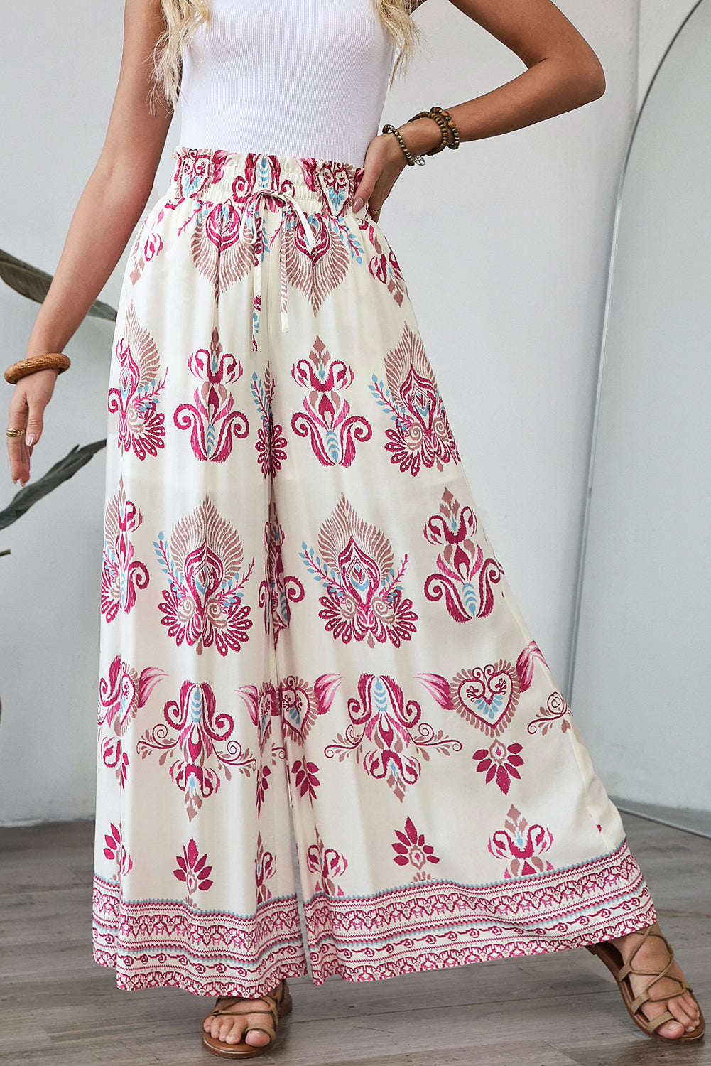 Rose Boho Printed Shirred High Waist Flowy Wide Leg Pants – HannaBanna  Clothing