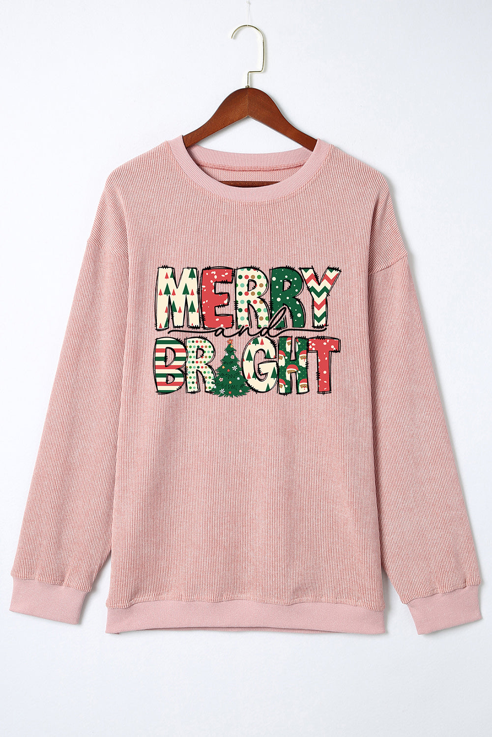 Sweat-shirt côtelé rose à imprimé sapin de Noël MERRY and BRIGHT