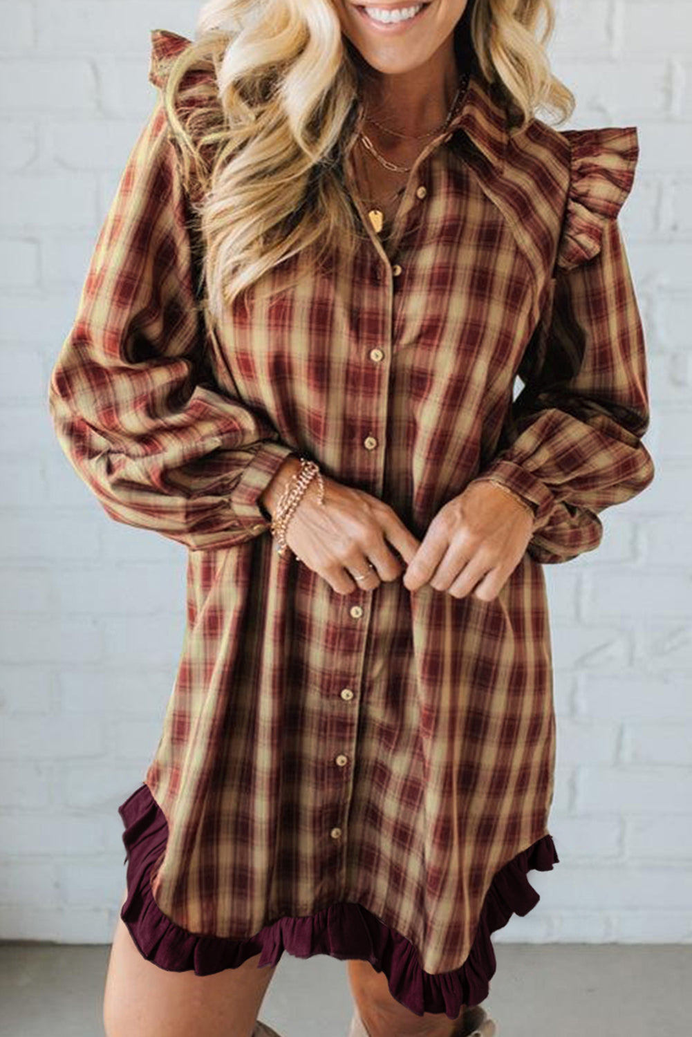 strapless open back dress Red Plaid Print Ruffled Long Sleeve Patchwork Hem Mini Shirt Dress Red / XL / 65%Polyester+30%Viscose+5%Elastane