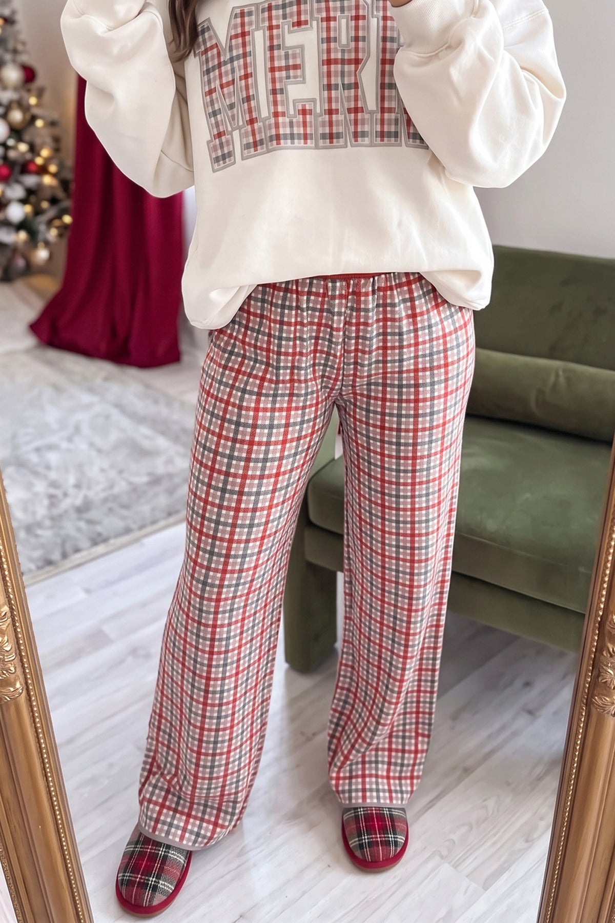 Multicolour Festive Plaid Drawstring Elastic Waist Pants