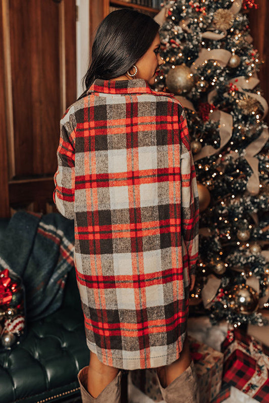 Red Brushed Plaid Buttoned Front Side Slit Tunic Shacket