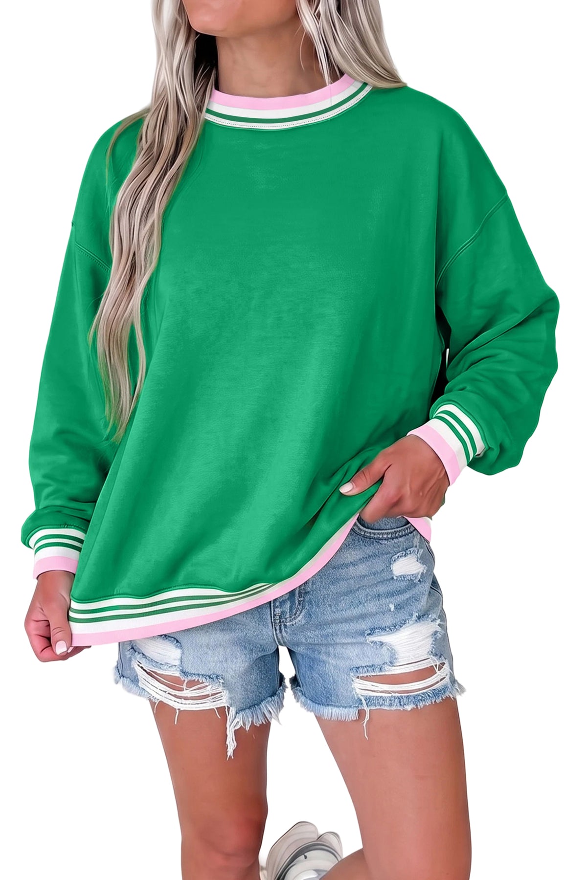 Bright Green Contrast Striped Trim Baggy Pullover Sweatshirt