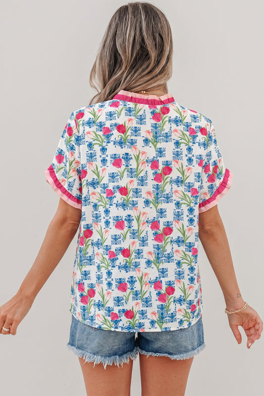 Rose Floral Print Ruffle V-Neck Short Sleeve Loose Tunic Shirt