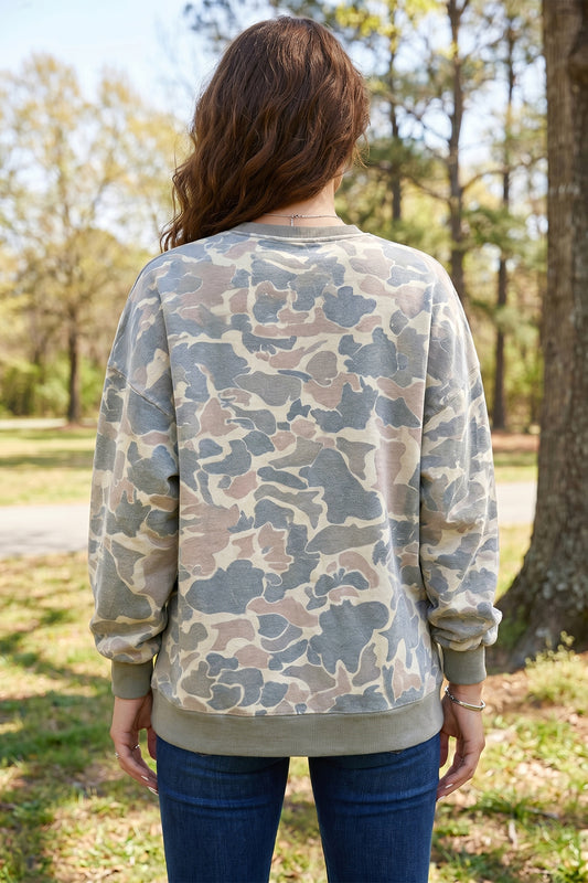 Multicolour Camo Print Ribbed Trim Casual Pullover Sweatshirt