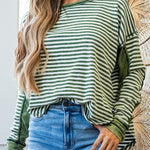 Green Stripe Thermal Knit Drop Shoulder Casual Top